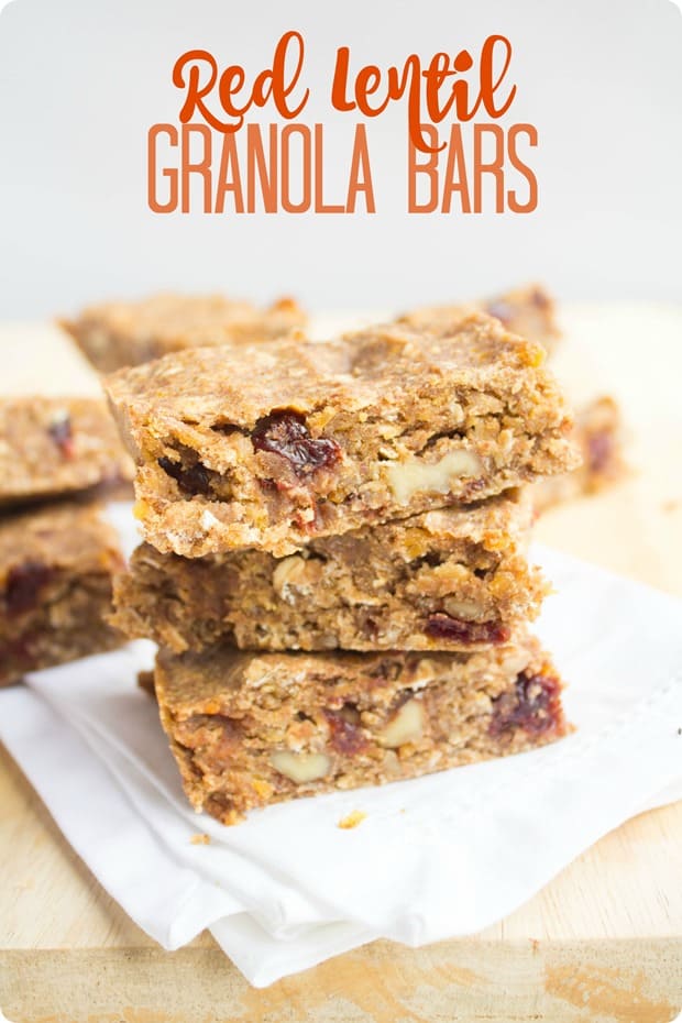 red lentil granola bars stacked on top of each other