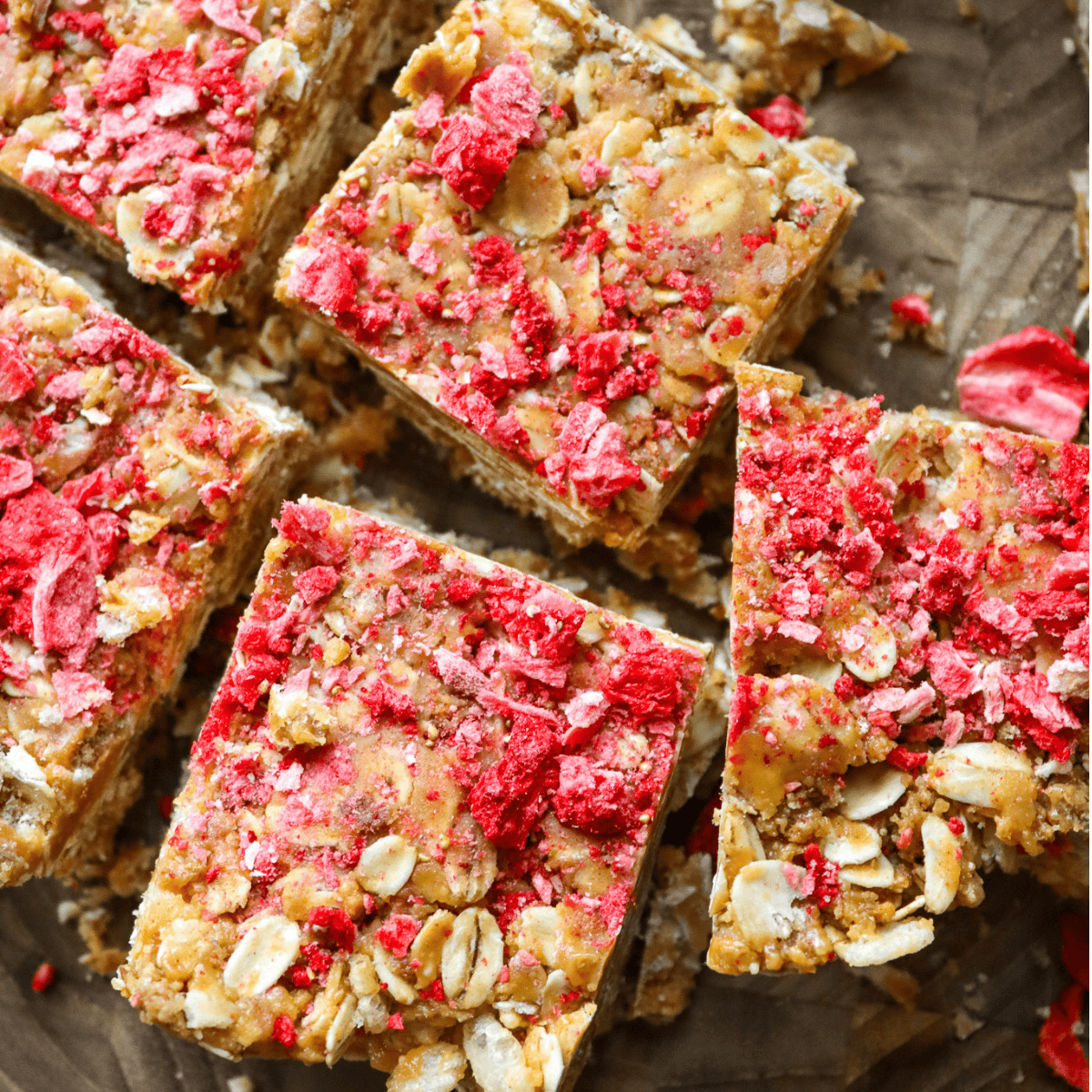 birds eye view of 5 ingredient no bake nut butter bars with dried strawberries