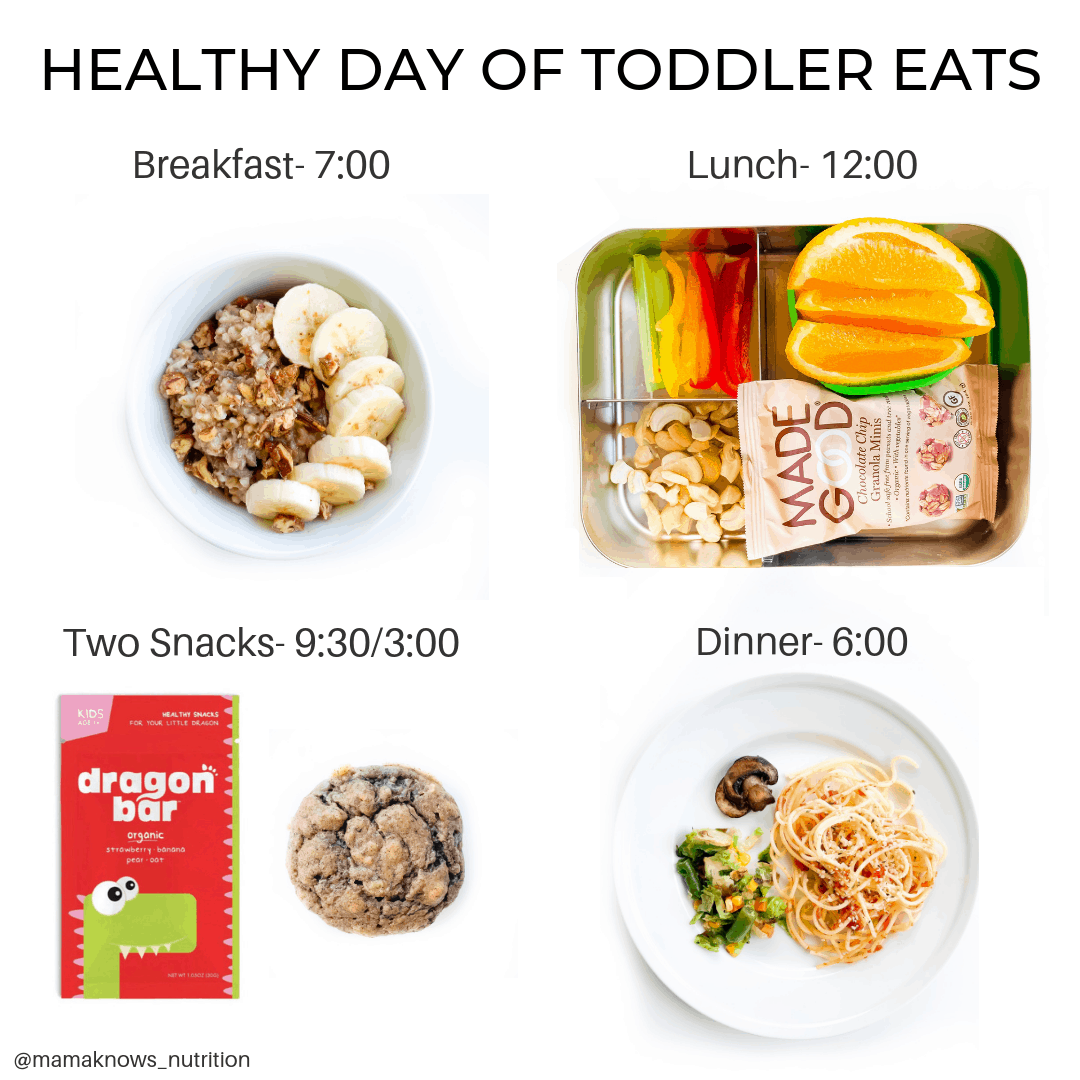 healthy day of toddler eats breakfast lunch dinner and snacks