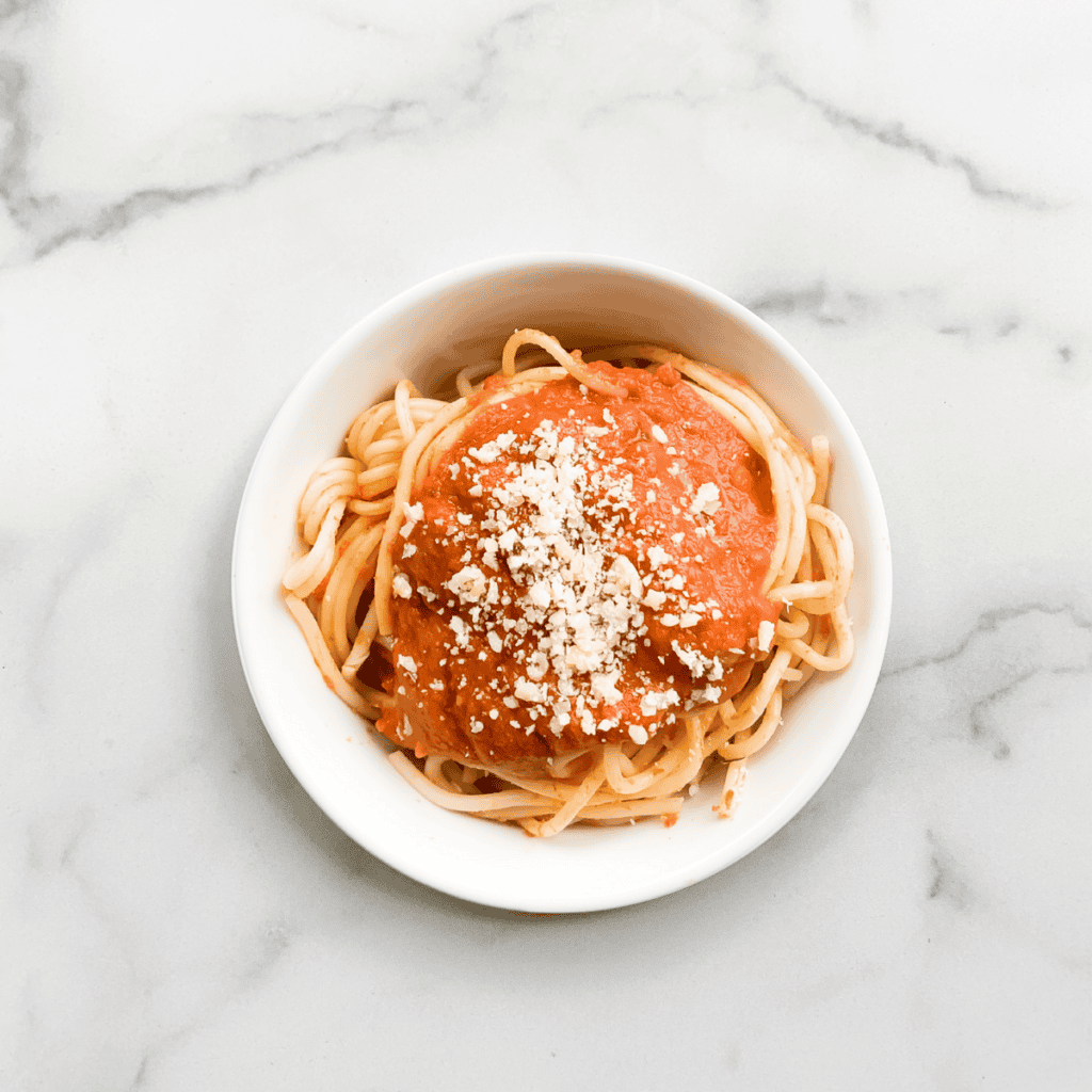 spaghetti and sauce in bowl for baby