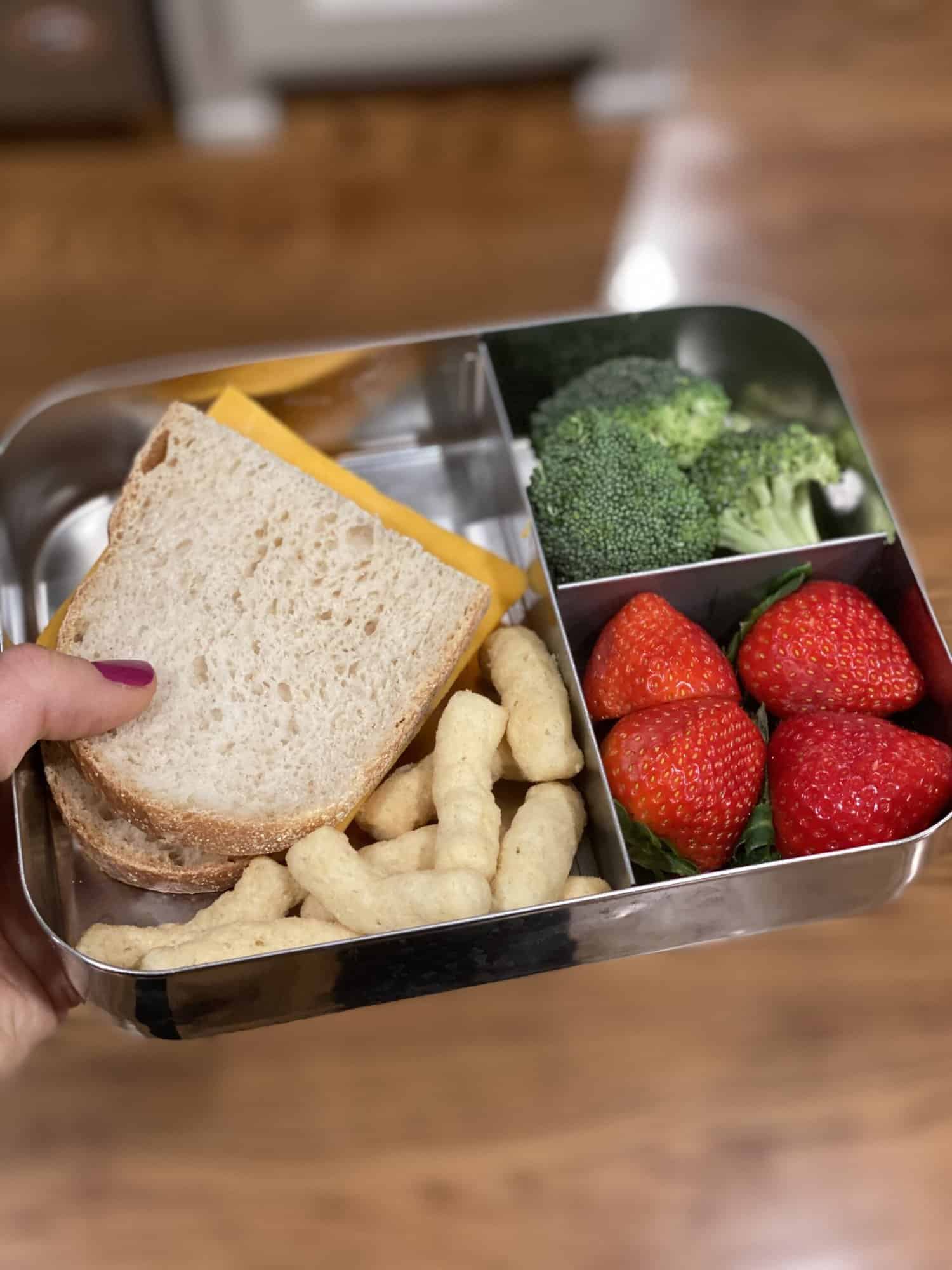 a healthy preschool meal in a segmented metal lunchbox. half a sandwich with meat and cheese, several Hippeas puffs, three raw broccoli stalks, four strawberries