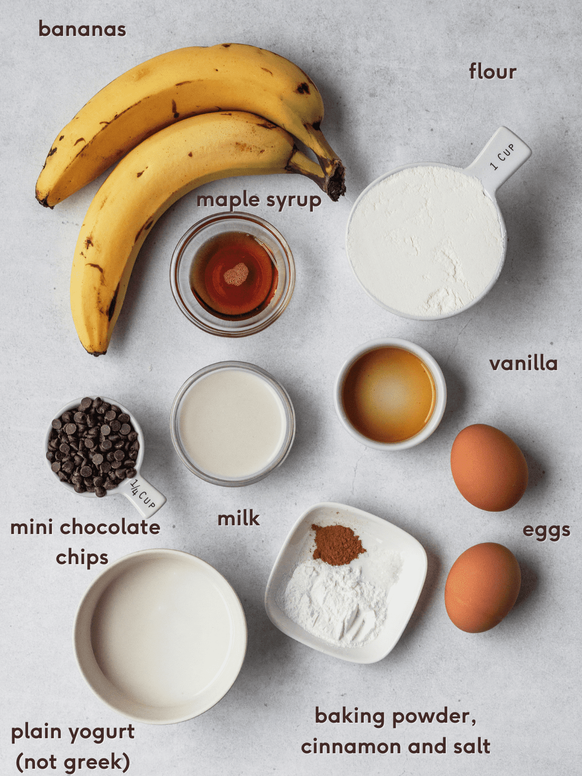 ingredients for banana chocolate chip pancakes