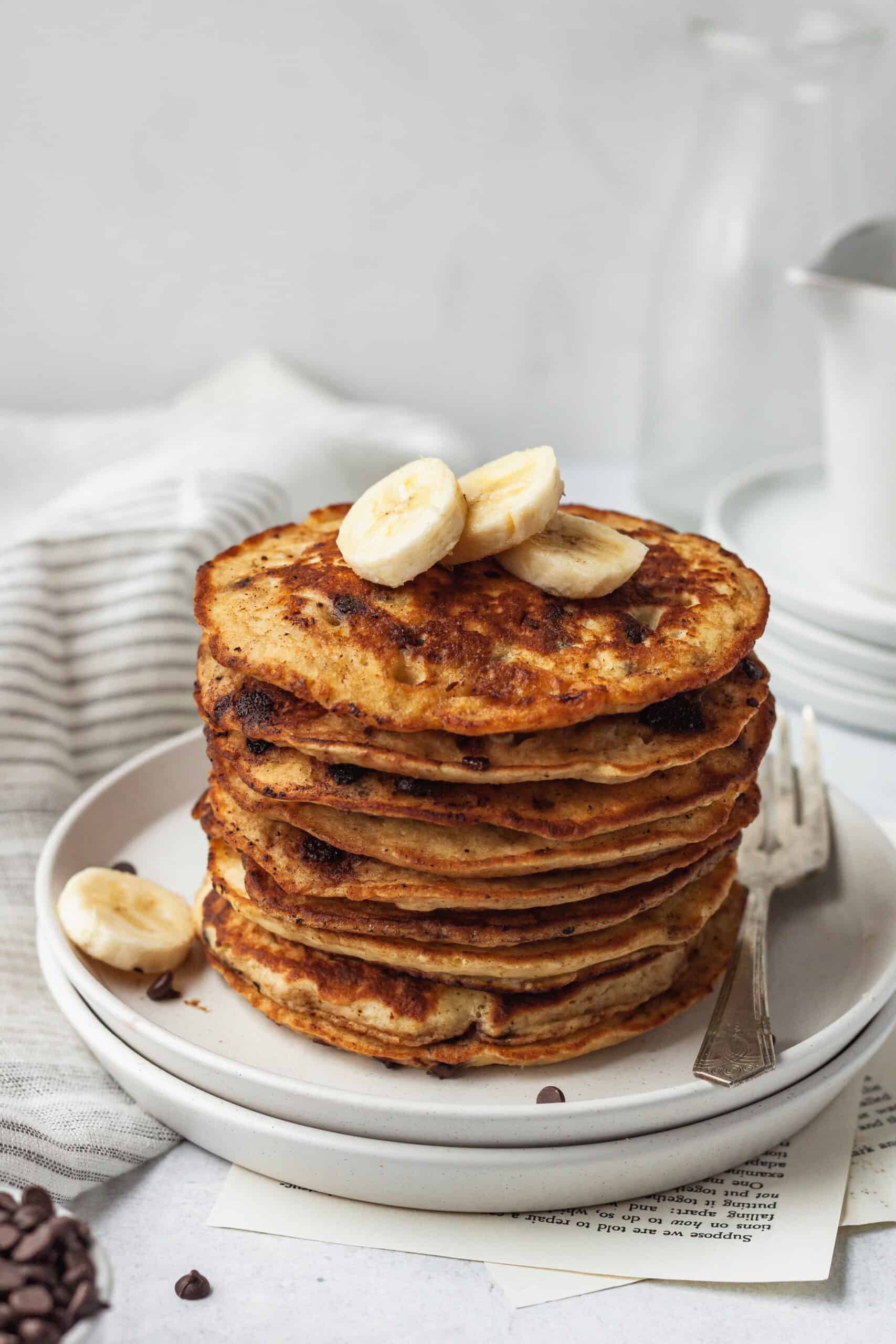 Stack of banana chocolate chip pancakes