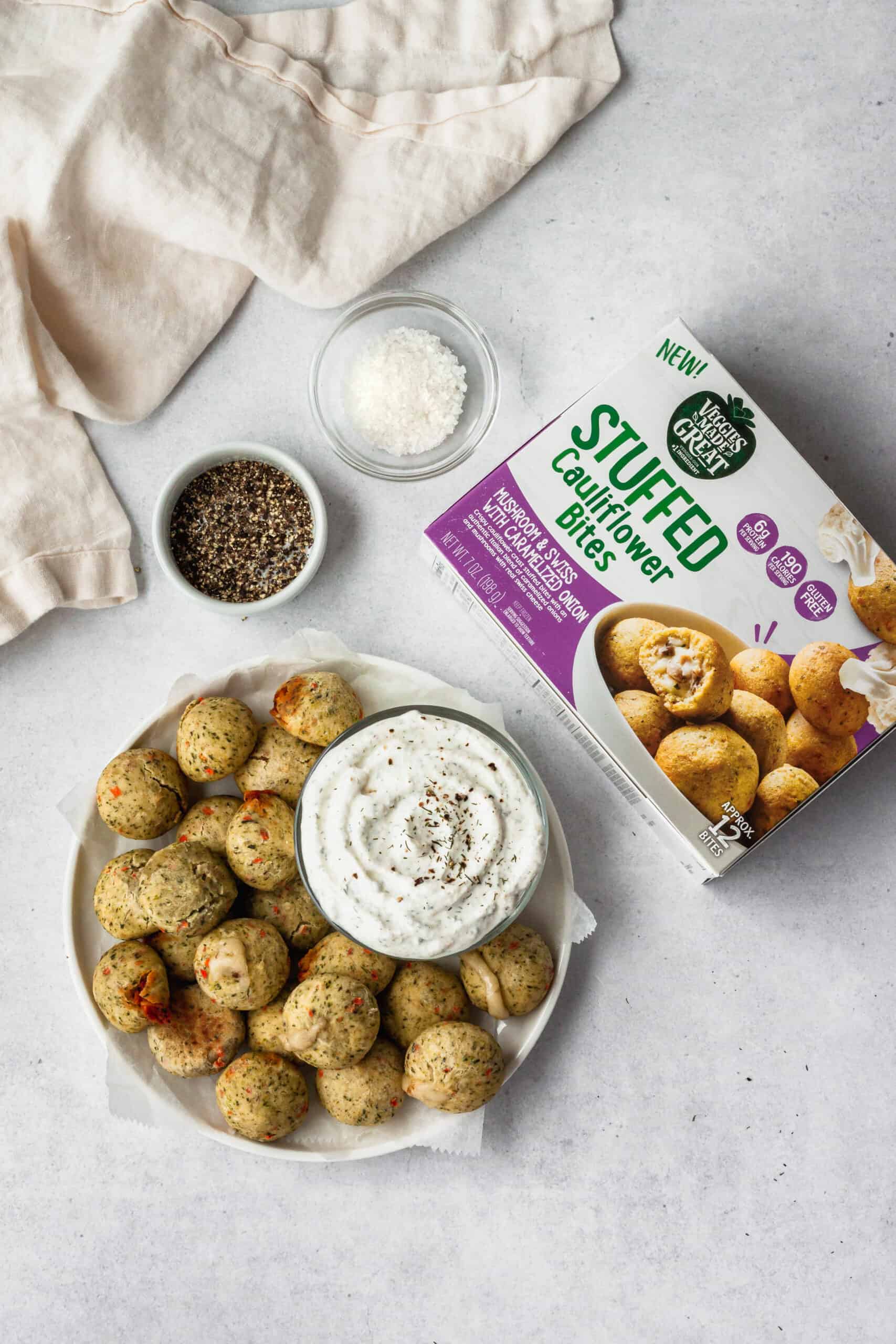 veggies made great cauliflower bites with greek yogurt ranch dip, salt and pepper