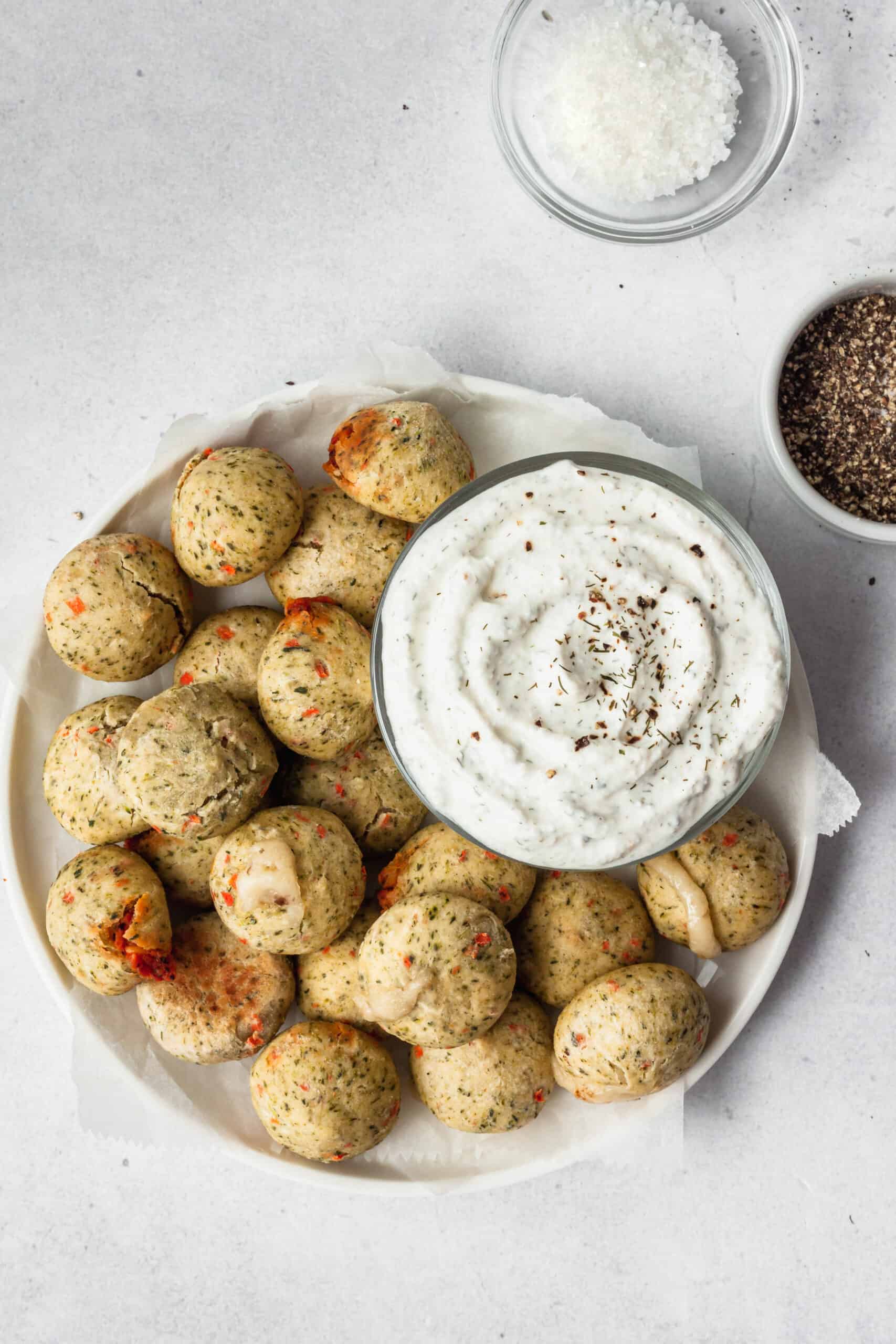 veggies made great cauliflower bites with greek yogurt ranch dip, salt and pepper