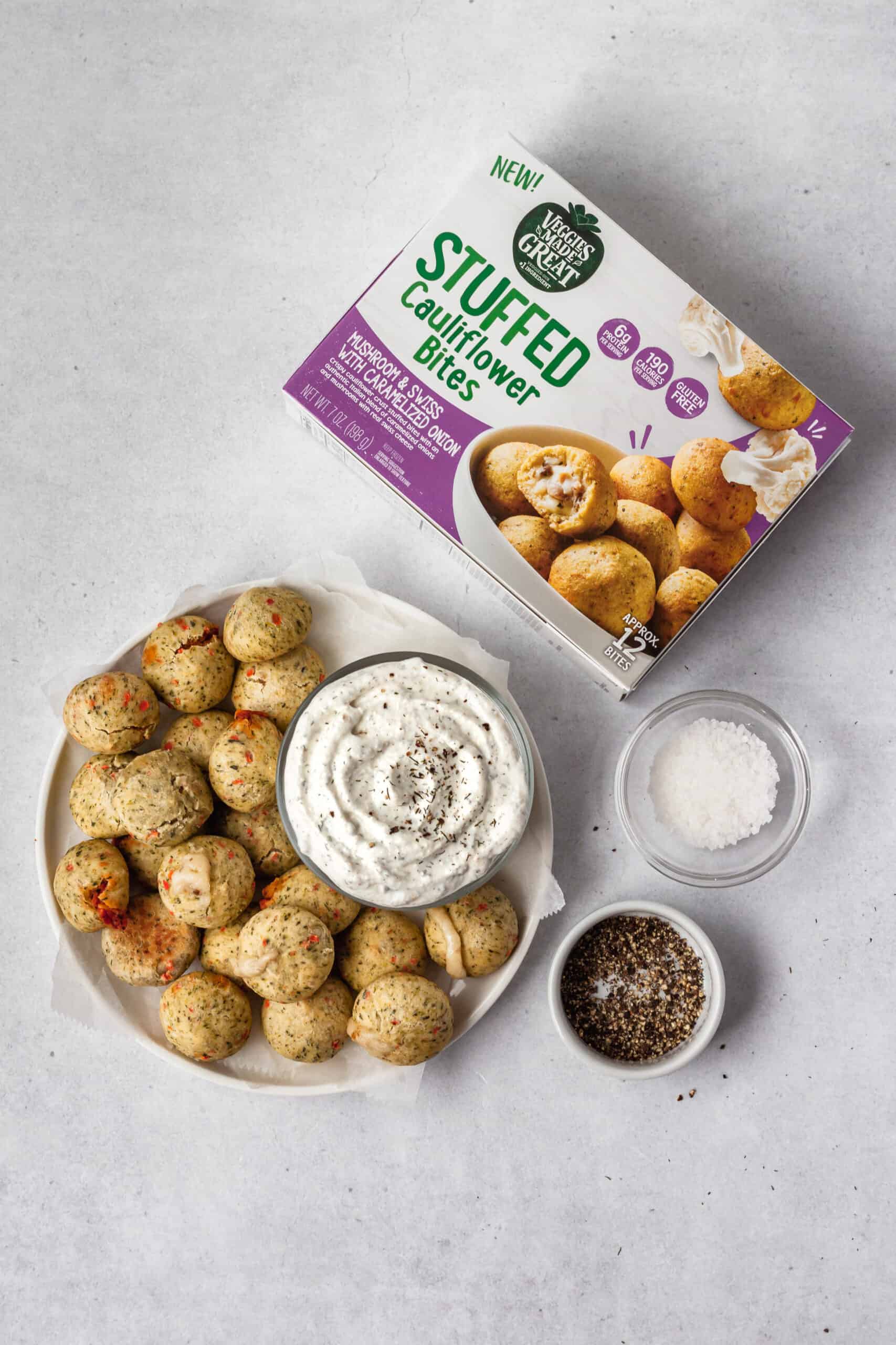 veggies made great cauliflower bites with greek yogurt ranch dip, salt and pepper