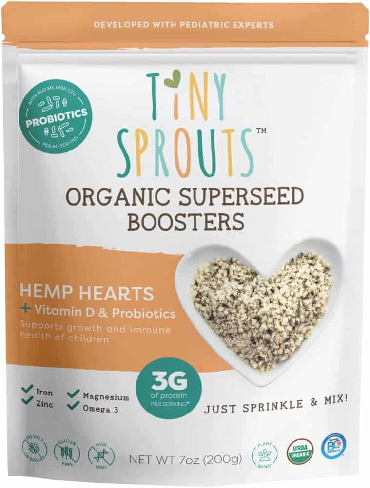 7 oz bag of tiny sprouts organic superseed boosters with hemp hearts, vitamin d, and probiotics