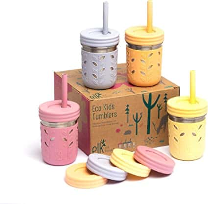 elk and friends stainless steel cups with silicone sleeves and straws