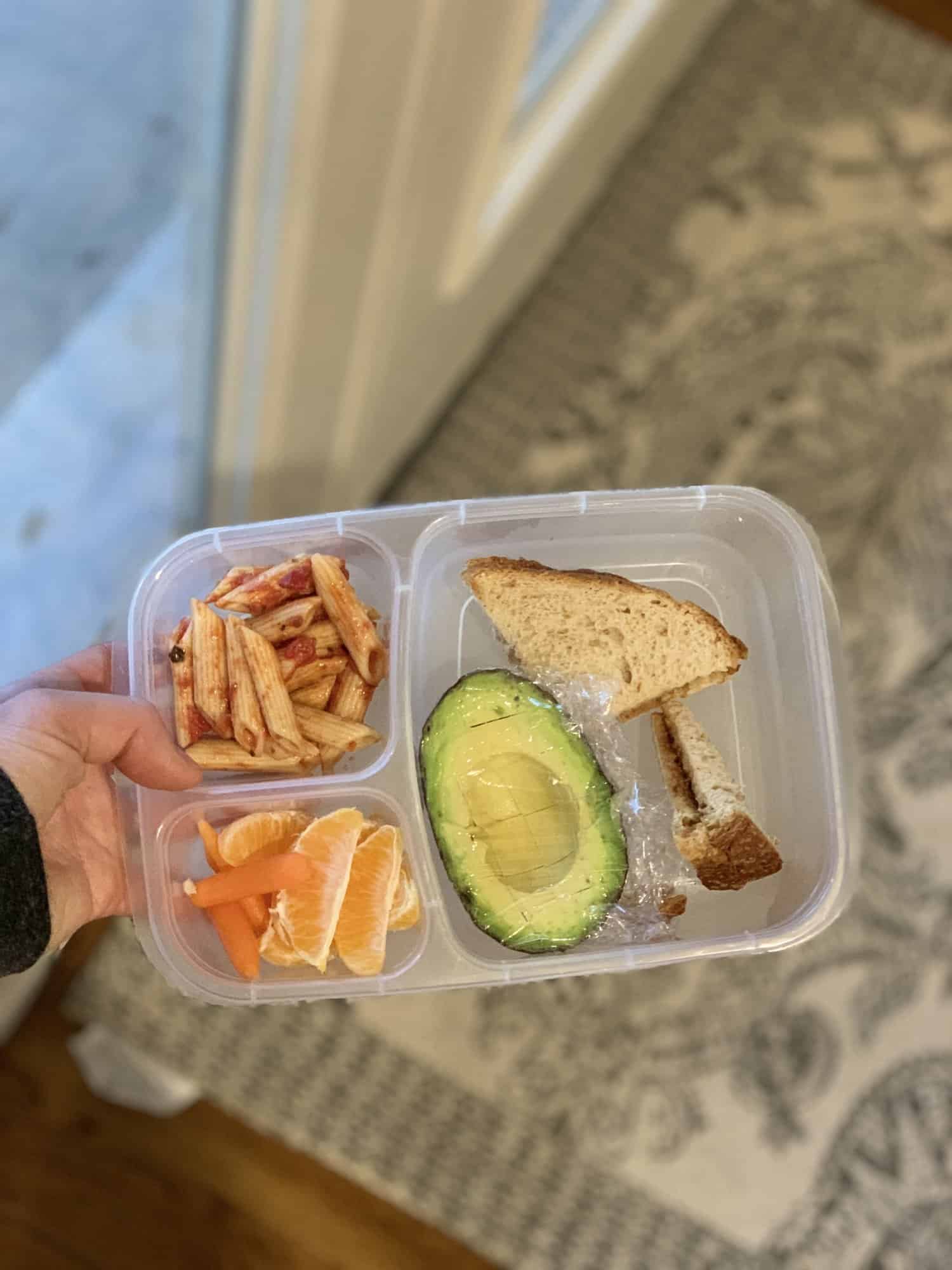 bento lunchbox idea for toddlers with avocado and pasta