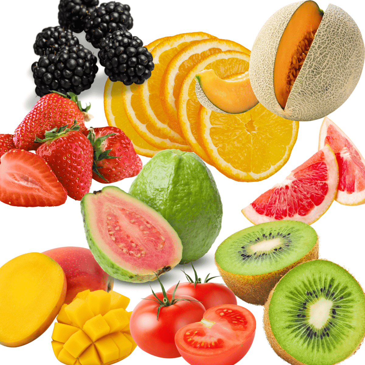 Collage of foods rich in vitamin c, including oranges, kiwi, strawberries, blackberries, mango, tomato, etc. 