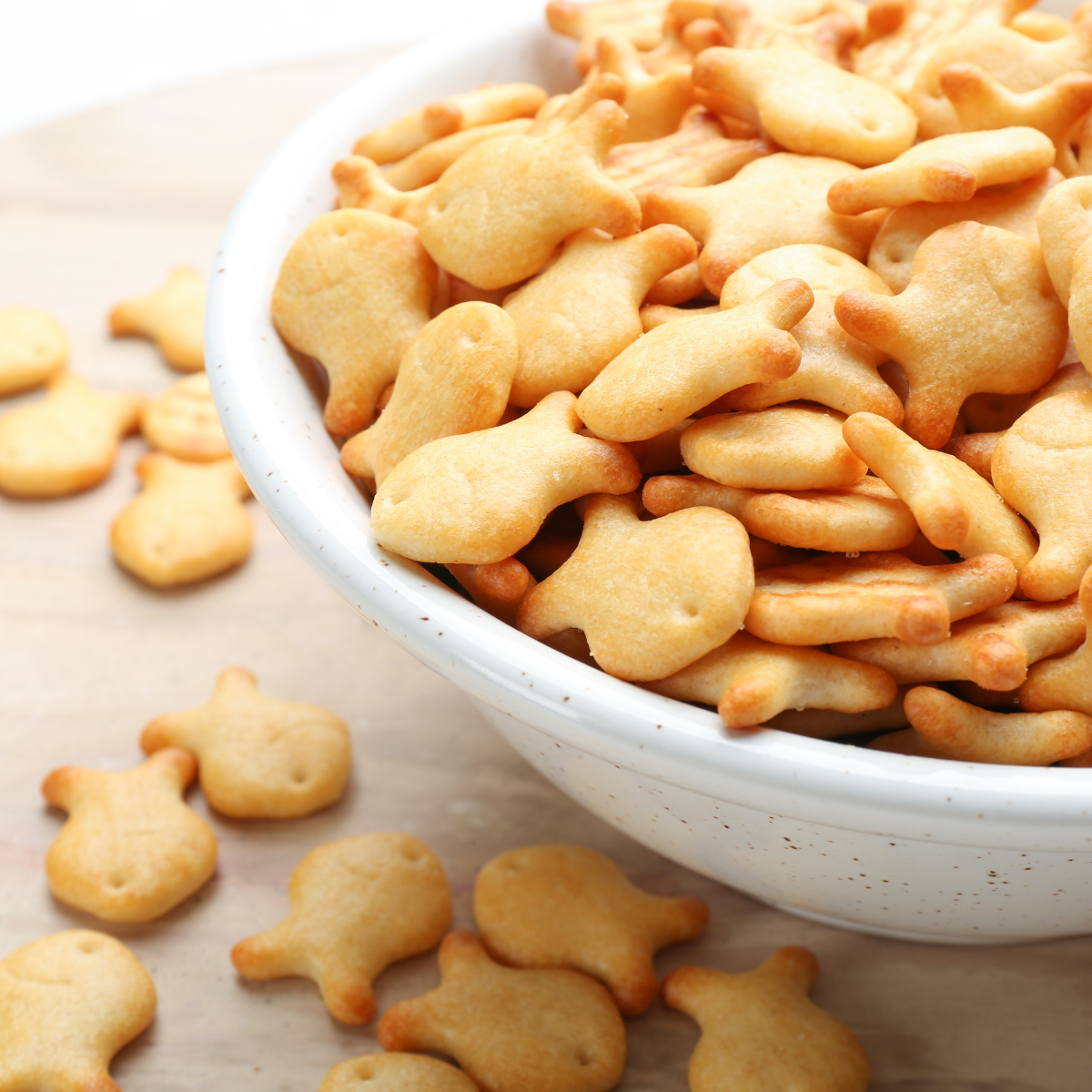 White bowl of Goldfish crackers