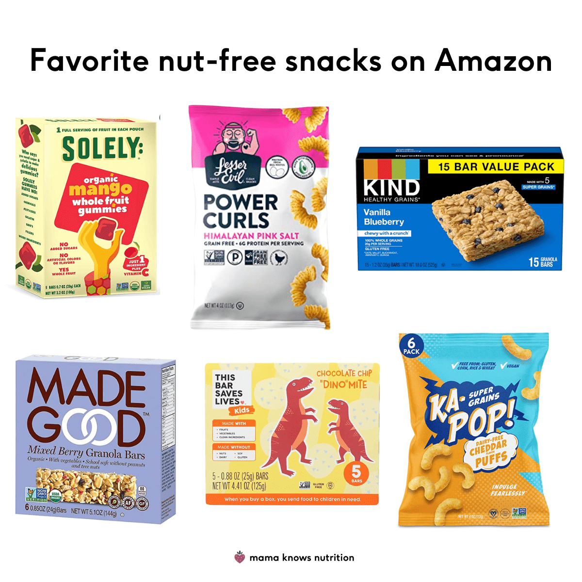 favorite nut free snacks on amazon with granola bars and puffs and gummies