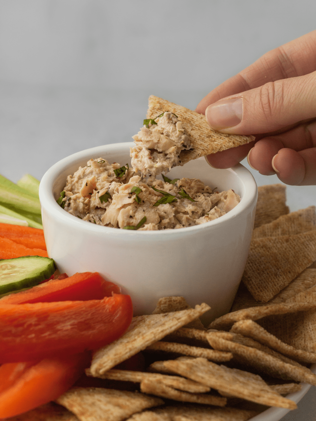 Hand dipping cracker into salmon in dish