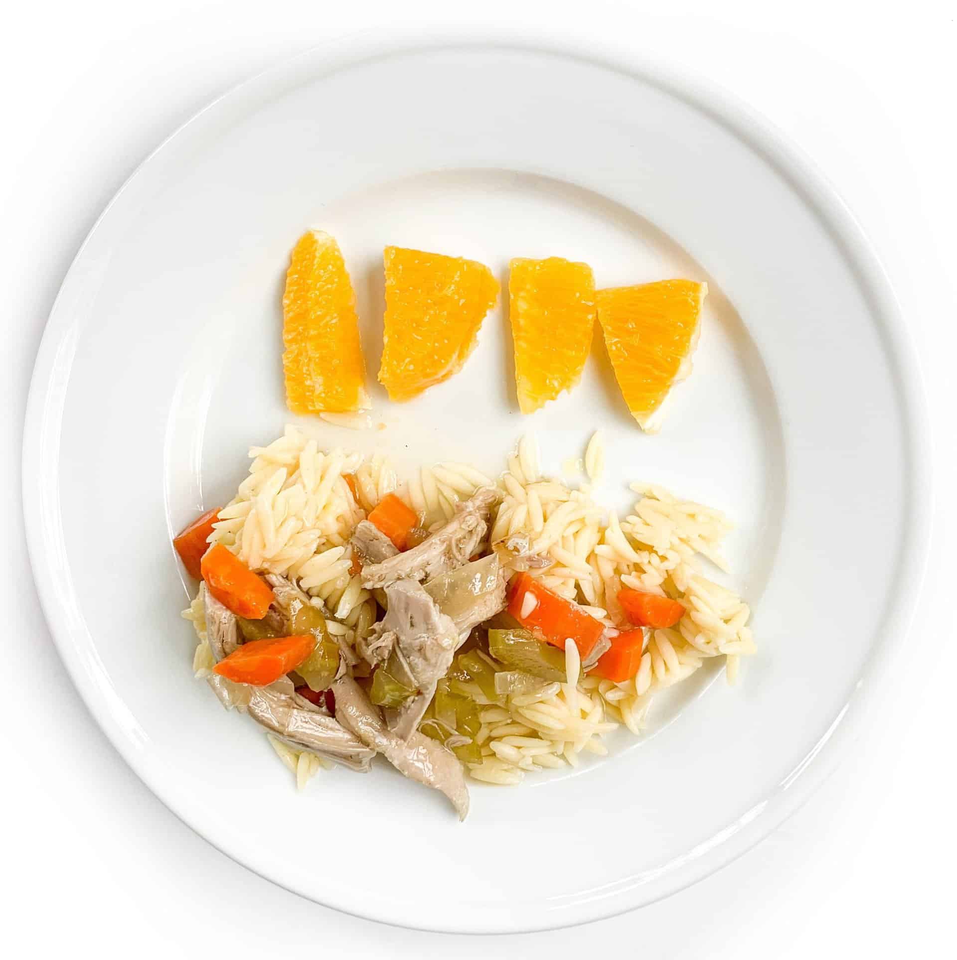 18 month old portion size chicken stew and a side of 
oranges on white plate