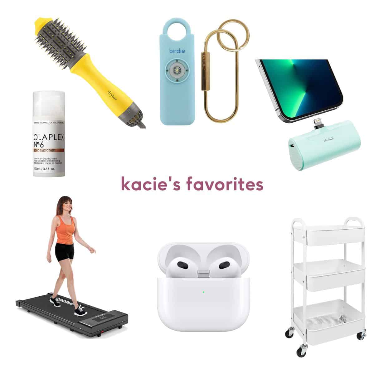 favorite things amazon prime day 2023 blow dryer brush, birdie personal alarm, portable iphone charger, olaplex, walking pad, airpods, rolling utility cart art cart