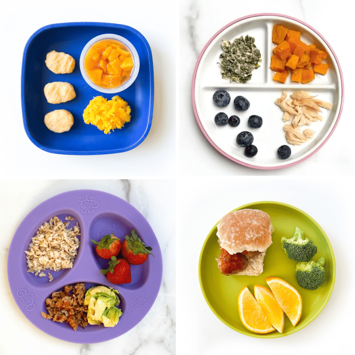 four plates for toddlers with lunch and dinners plated with a serving of fruit on each plate