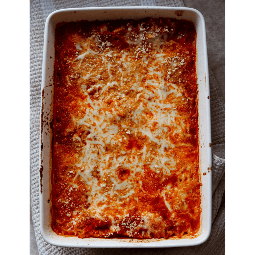 birds eye view shot of 9x13 spaghetti casserole