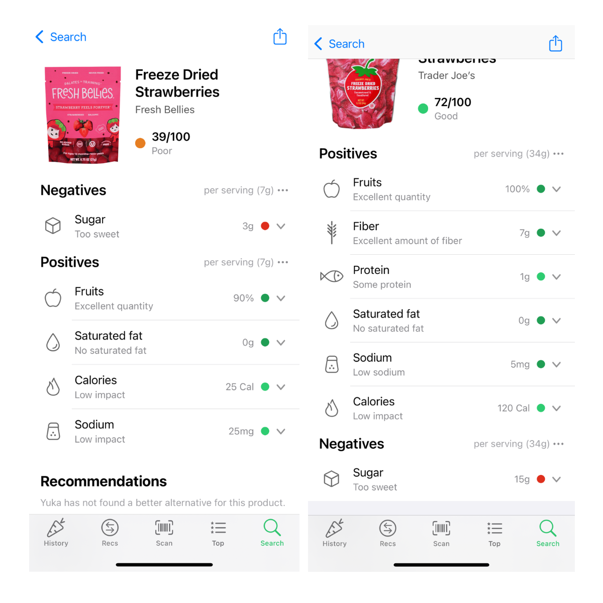 Yuka App Reviews | side by side comparison of two strawberry products