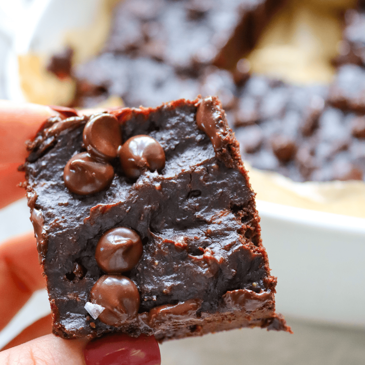close up of hand holding a fudgy sweet potato brownie