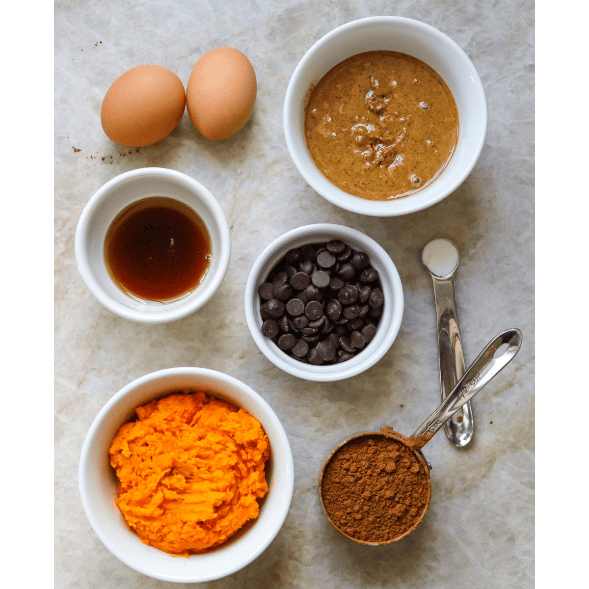 birds eye view shot of ingredients for sweet potato brownies