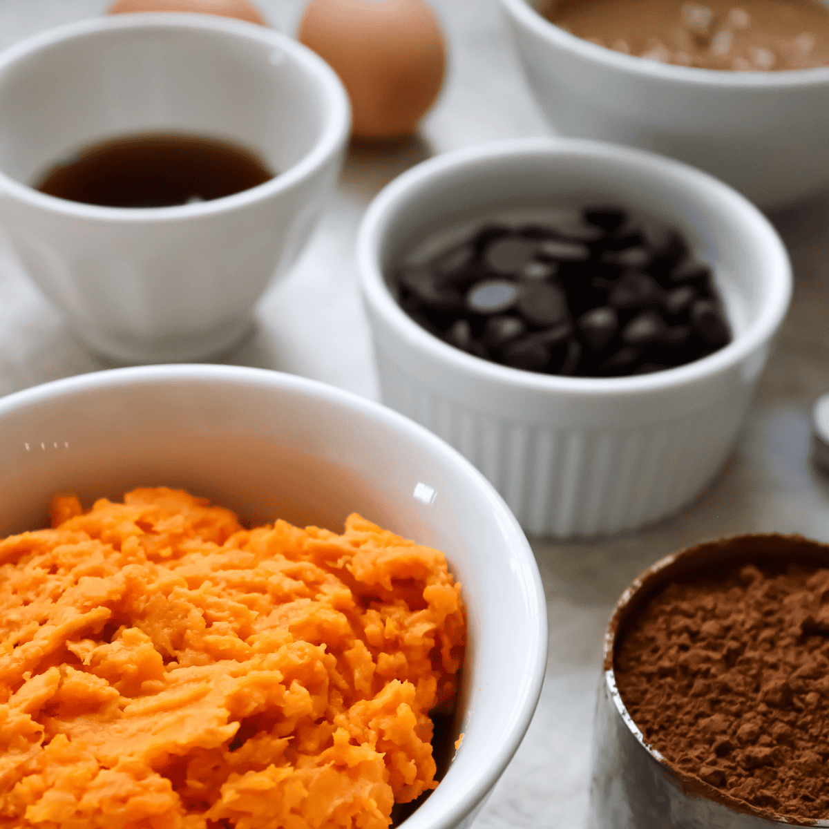 close up shot of ingredients for sweet potato brownies
