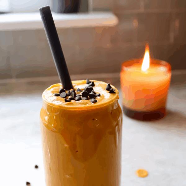 shot of pumpkin pie smoothie with candle in the background